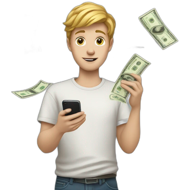 a white boy holds a phone in his hand from which money flies out emoji