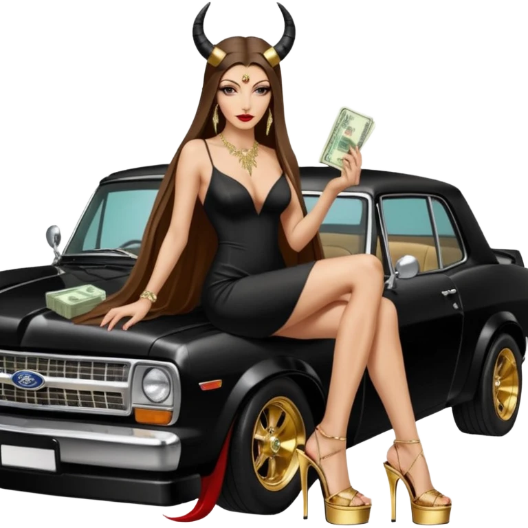 Sensual queen long brown straight haired sexy drug lord woman with  glitter platform high heels on her feet,  and devil black horns on her head, holding a stack of cash, has a phone in other hand. Sitting on the hood of a  gold ford350 pickup truck  full of drugs, long black dress with sexy slit emoji