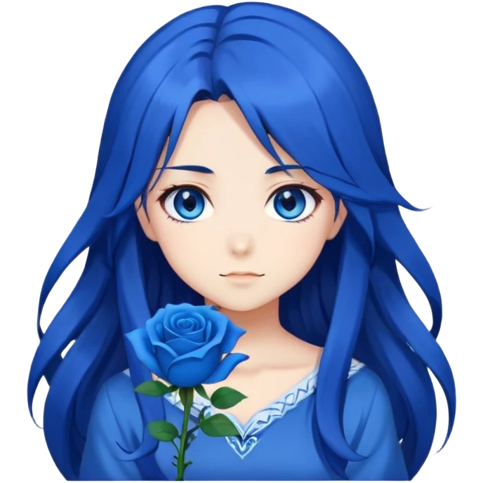 anime girl with long dark blue hair, blue rose in hair, bright blue eyes, cute anime face, anime emoji style emoji