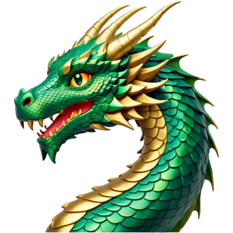 Cinematic Noble Dragon Portrait Emoji, Poised and majestic, with a sinuous, elongated body covered in intricately detailed, shimmering scales in hues of emerald and gold, and piercing, fiery eyes that reflect ancient wisdom; rendered with lifelike texture and natural highlights, high shine, intelligent and formidable, styled with an aura of mythic power, focused and attentive, soft glowing outline, capturing the essence of a legendary dragon that appears ready to soar out of the screen with timeless authority! emoji
