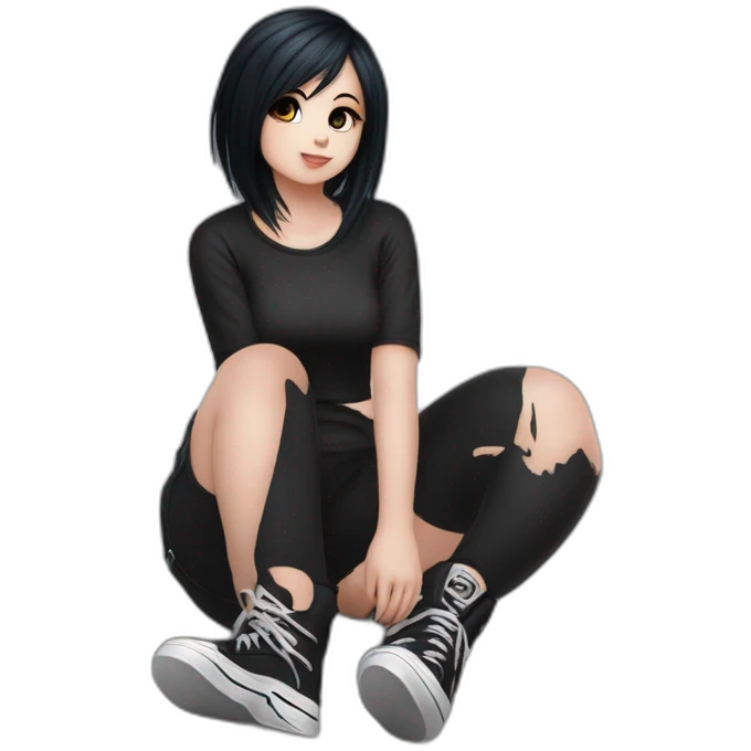 Full body curvy emo girl sits on the floor черная юбка белые трусики рваные полосатые чулки emoji