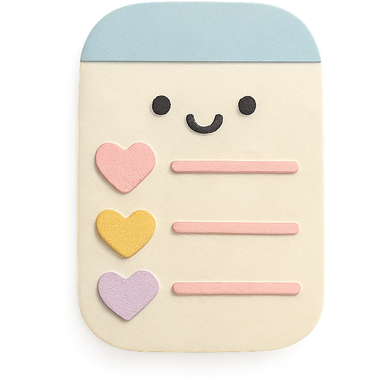 soft pastel kawaii rounded to-do list with pastel hearts as checkboxes in paper craft style emoji
