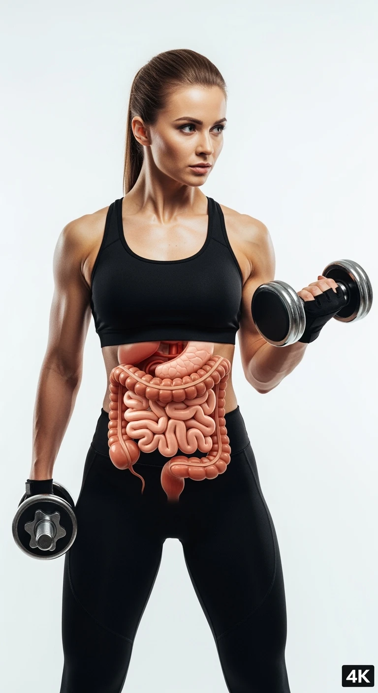 donna fitness realistica con instetino anatomico realistico in evidenza mentre tiene un manubrio da palestra in mano, isolata su sfondo bianco, IPERREALISTICA 4K emoji