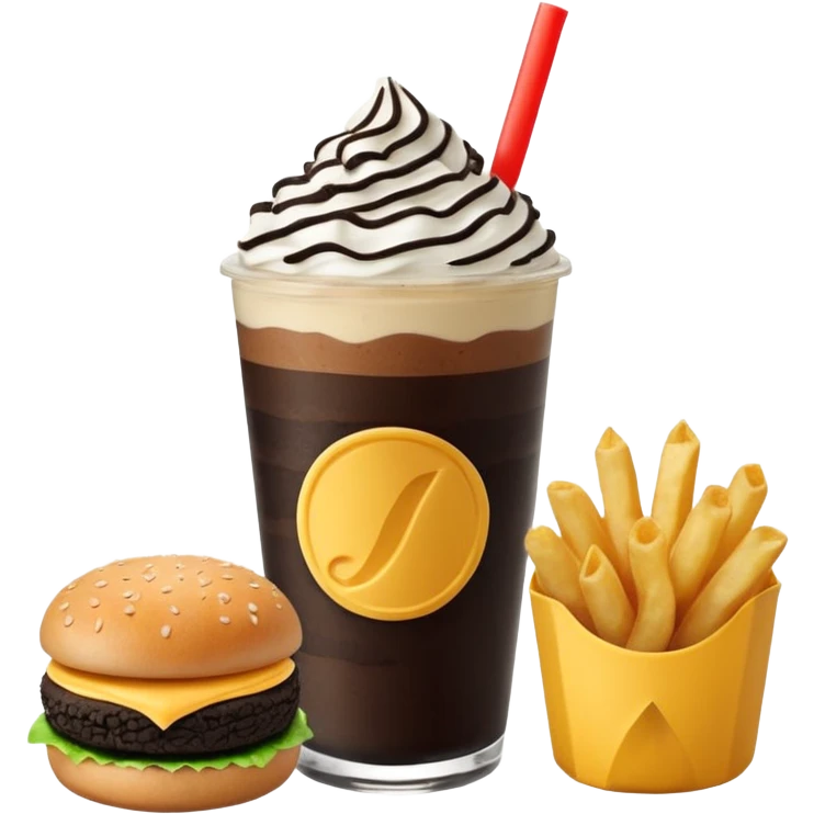 Crea una escena estilo restaurante que incluya: una 🍔 hamburguesa jugosa, un 🥤 frappé de galleta oreo en vaso de vidrio con popote, 🍟 papas fritas emoji