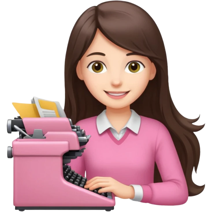 smiling white long brunette hair girl with hazel eyes wearing pink typing on a typewriter emoji