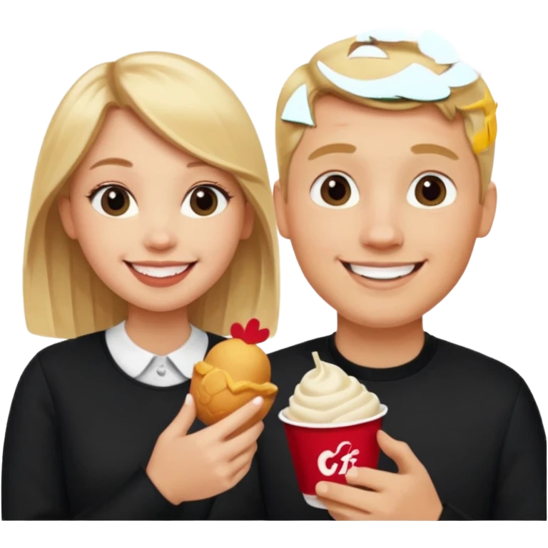 Couple with blonde hair wearing black eating chick filet  emoji
