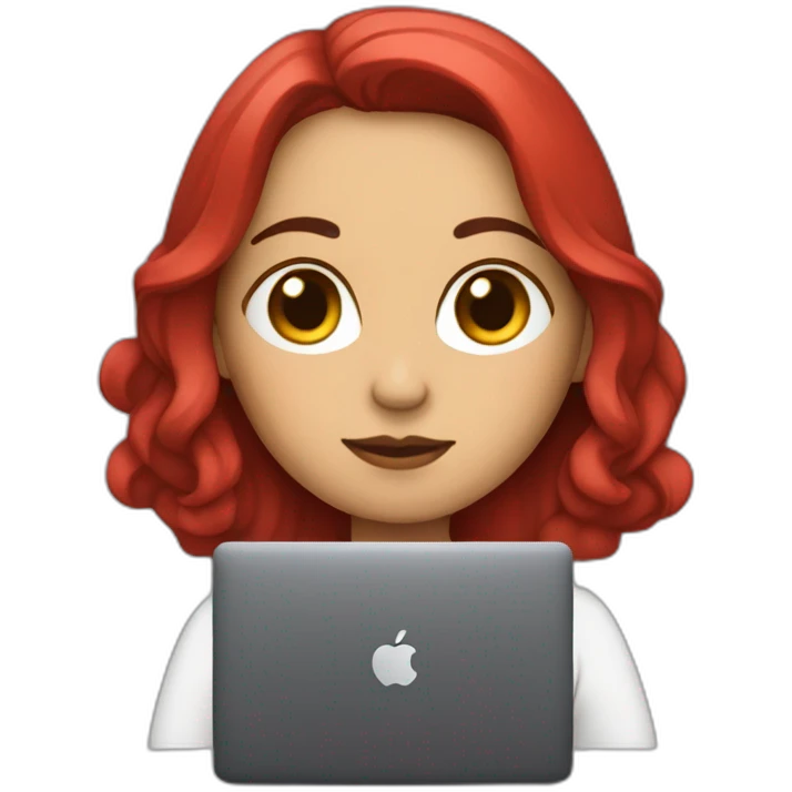 Mujer joven con cabello rojizo con MacBook emoji