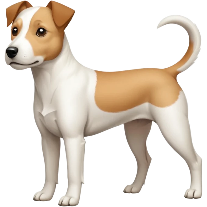 a full body facing front on of a buff white parson russell terrier looking dog the size of a kelpie with light brown long ears and a light brown patch on one eye and a large snout. the rest of the dog is completely white.  emoji