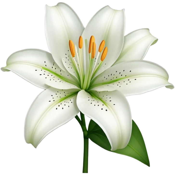 Botanically accurate white lily flower with exactly six petals, six stamens, and green stem emoji