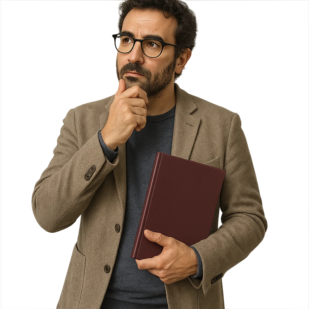 Mediterranean man with features suggesting he is a PhD owner in sociology, wearing glasses, smart-casual attire, holding a book or diploma, with a thoughtful expression emoji