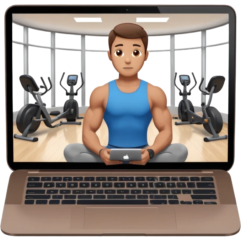 Open laptop on a dark background, showing a male fitness trainer inside a modern professional gym on the screen— smooth rounded edges, soft lighting, no text or logos, minimalistic and high-quality rendering. Only the laptop is visible, centered emoji