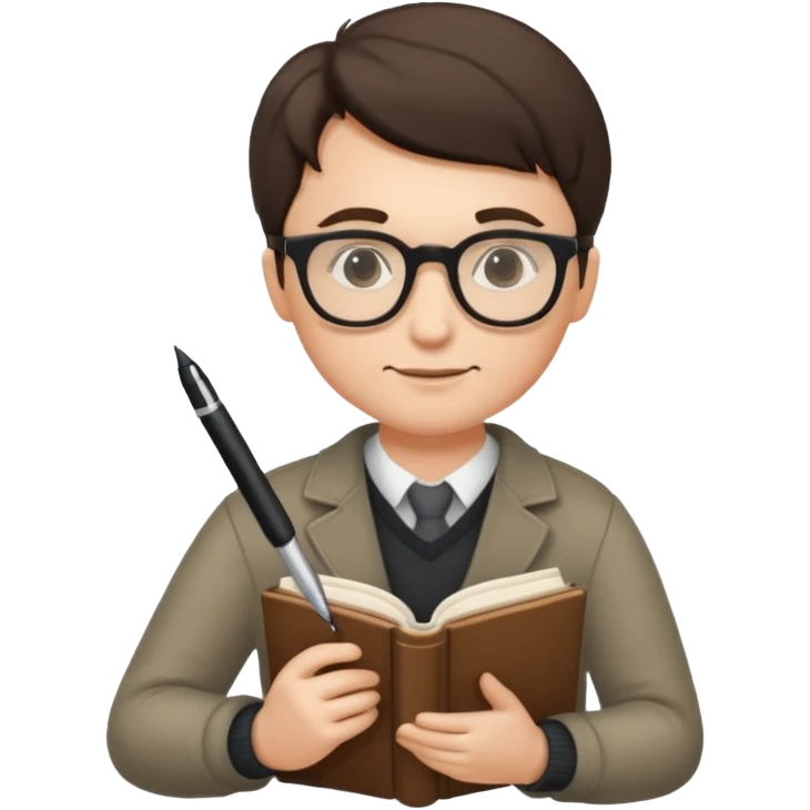 writer holding pen and book, wearing glasses emoji