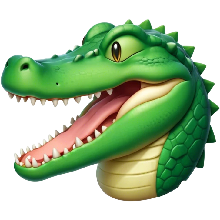 Cinematic Cute Yawning Crocodile Portrait Emoji, Head tilted slightly with a dramatic, wide-open yawn, showcasing a soft, textured emerald-green hide with slightly drooping jaws and half-closed eyes in drowsy contentment, Simplified yet irresistibly adorable features, highly detailed, glowing with a soft, cozy glow, high shine, relaxed yet expressive, stylized with a touch of reptilian whimsy, bright and endearing, soft glowing outline, capturing the essence of a sleepy yet affectionate crocodile, so drowsy it feels like it could stretch out of the screen and curl up for a nap! emoji