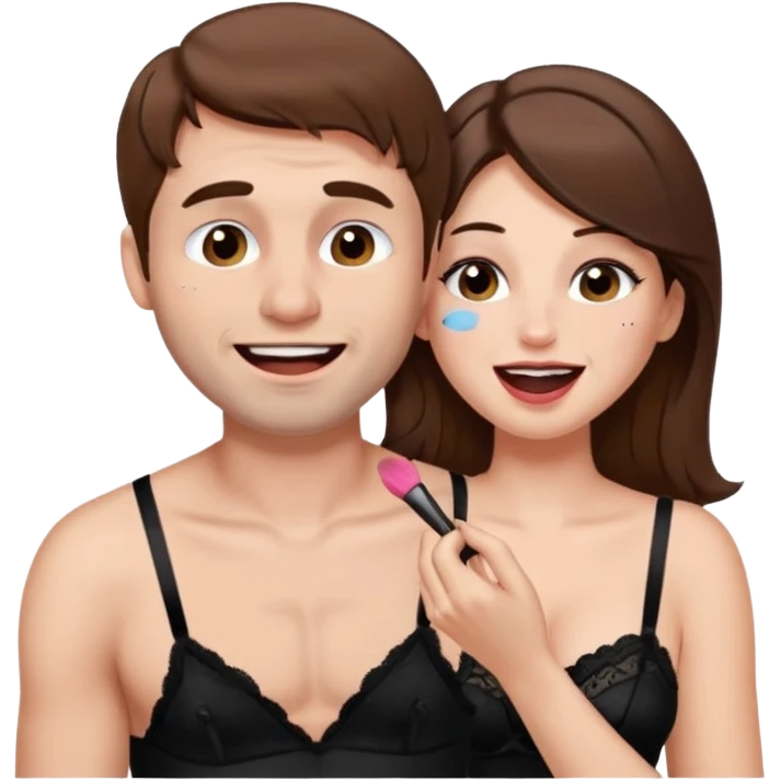 brown hair male getting sissified in lingerie dress by his wife. the wife is crying with laughter. she is doing makeup emoji
