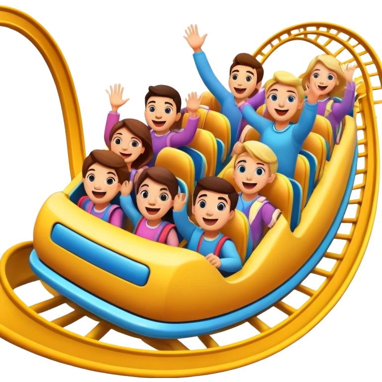 roller coaster with people riding, cheerful expressions emoji