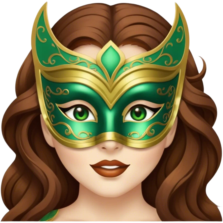 Greeneyed Woman blinking with Long Brown hair venetian mask emoji