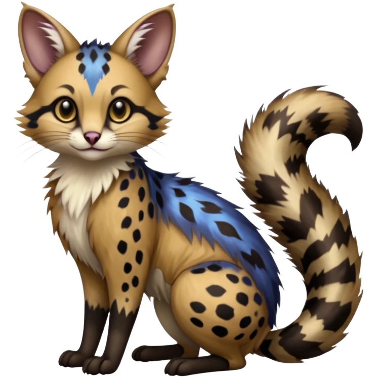  ink-black fur laced with oil-slick bronze and abyssal cobalt runes fur with random dark markings beautiful elegant pretty precious cute  Fakémon-Pokémon-opossum-feline-serval-caracal-chinchilla-Furret-Minccino-hybrid-creature with a big fluffy bushy tail (full body) emoji