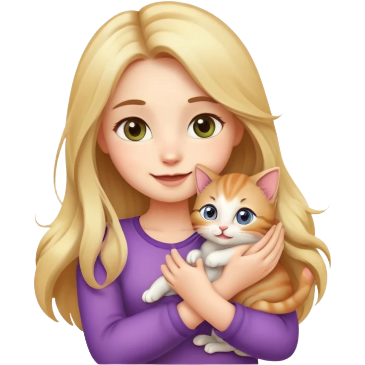 "Create a cute emoji of a beautiful girl holding a small kitten in her arms. The girl has soft features, long flowing hair, and a gentle smile. The kitten looks cozy and happy. The style should be colorful, charming, and expressive, with big sparkling eyes and a warm, loving vibe." emoji