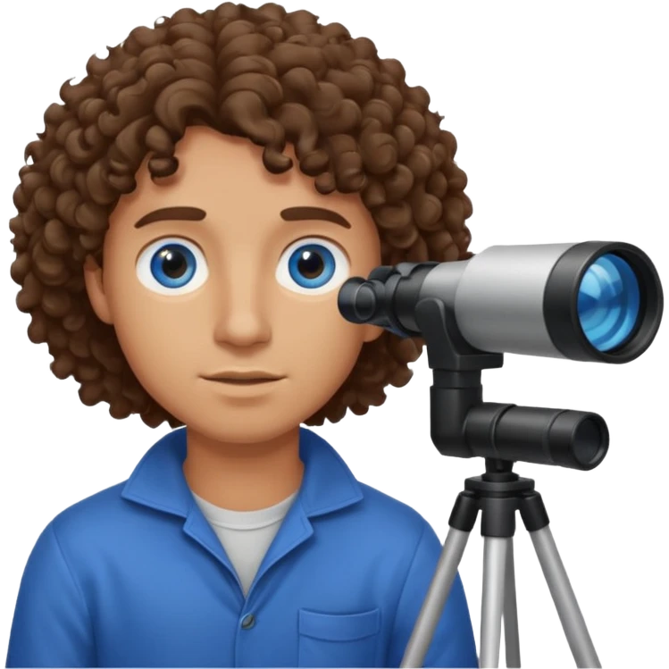 Guy with curly brown hair and blue eyes looking through a telescope  emoji
