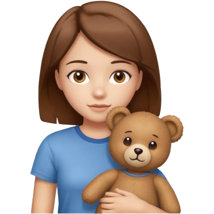 A Girl with Brown hair and Brown eyes with a t-shirt of a Teddy bear emoji