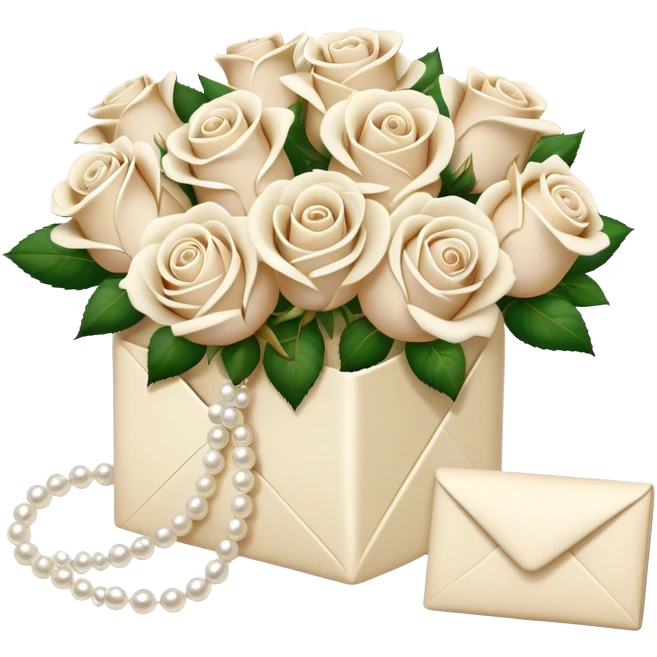 Ivory- beige colored love letter and a bouquet of white and pearl roses  emoji