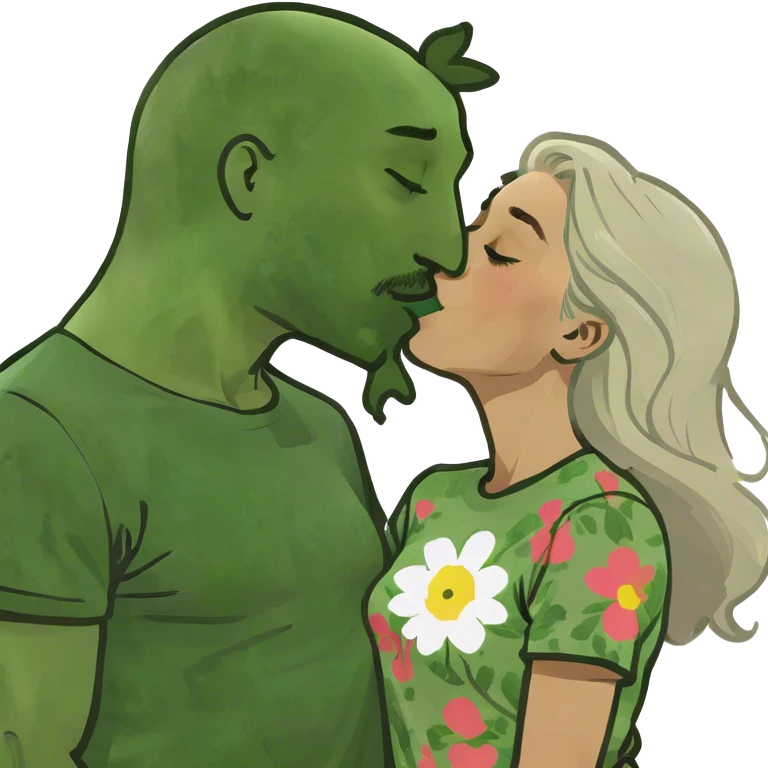Girl with long blonde hair of a couple kissing give the guy brown and white mixed hair emoji