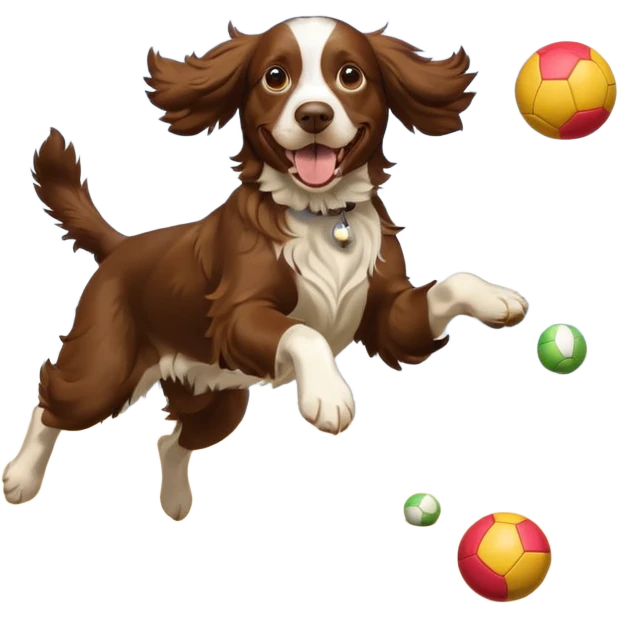 brown English springer spaniel jumping for joy on a Northumberland beach with a bag of balls emoji