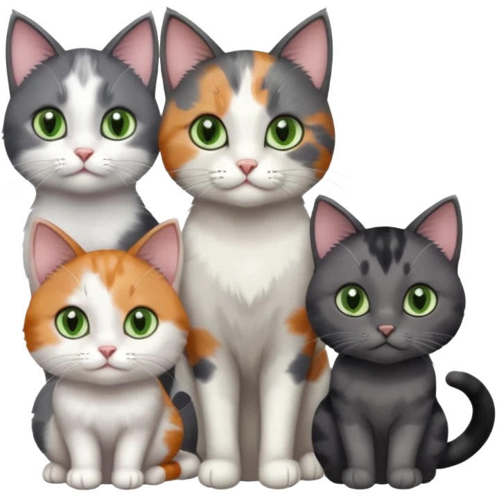 3 different coloured small cats including a dark grey and white, and a patchy calico and a completely solid dark grey with green eyes and only white paws emoji