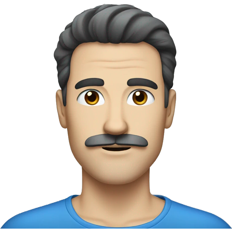 A white man, with black hairs, rectangular mustache (black colored), with blue eyes emoji