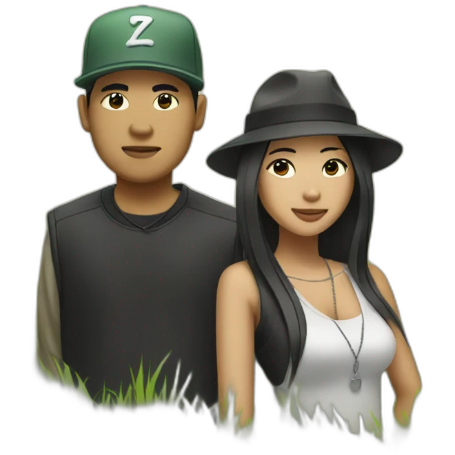 asian male rapper and a female songwriter in a huge grassland emoji