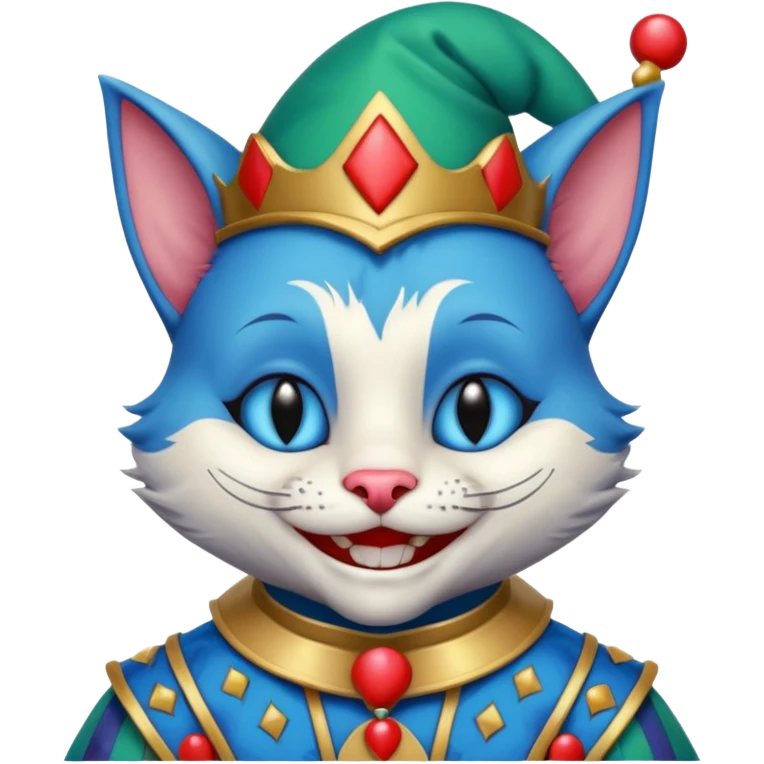 crazy colorful cute little cat jolly joker from poker, medieval, vintage, court jester, mac os icon, blue color, half body emoji