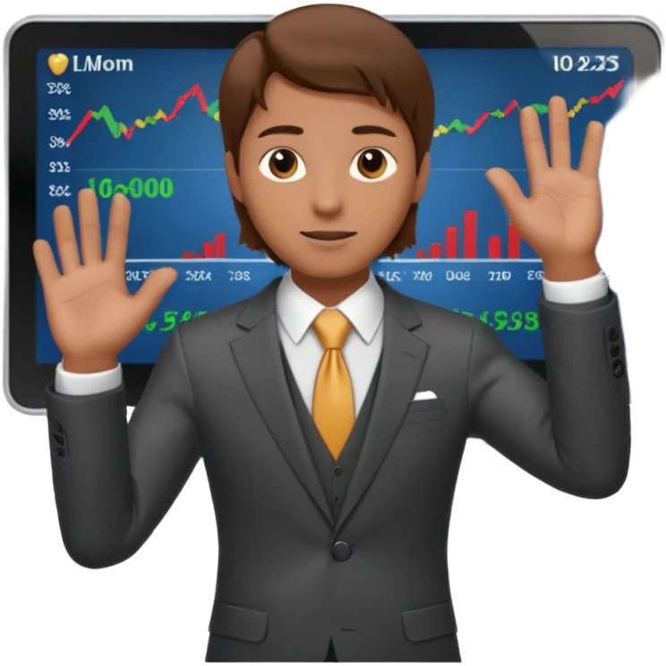 mach mir einen trader an der börse der tradet der so mit einer hand hinter sich deutet um anzug. Aber nur mit einer hand so leicht nach hinten oben und mit braunen haaren emoji