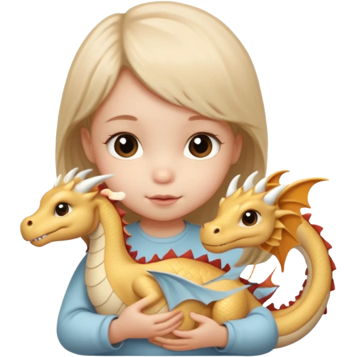 Little baby girl in beige holding a cute beige dragon emoji