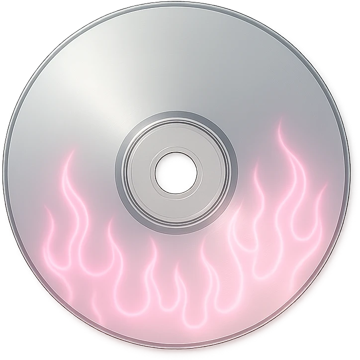 A minimalist CD disc with subtle pink flames, glowing effect, variation 2, style: general, shape: rectangle, color: platinum emoji