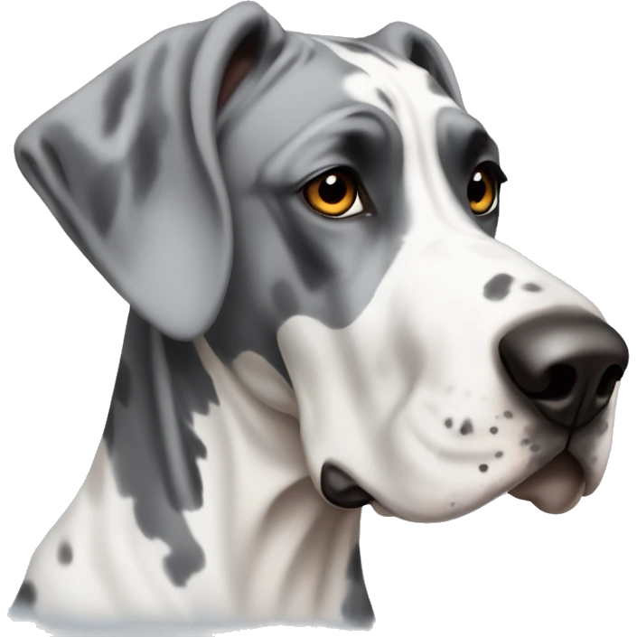 Gray and white harlequin Great Dane with one blue eye and one brown eye emoji