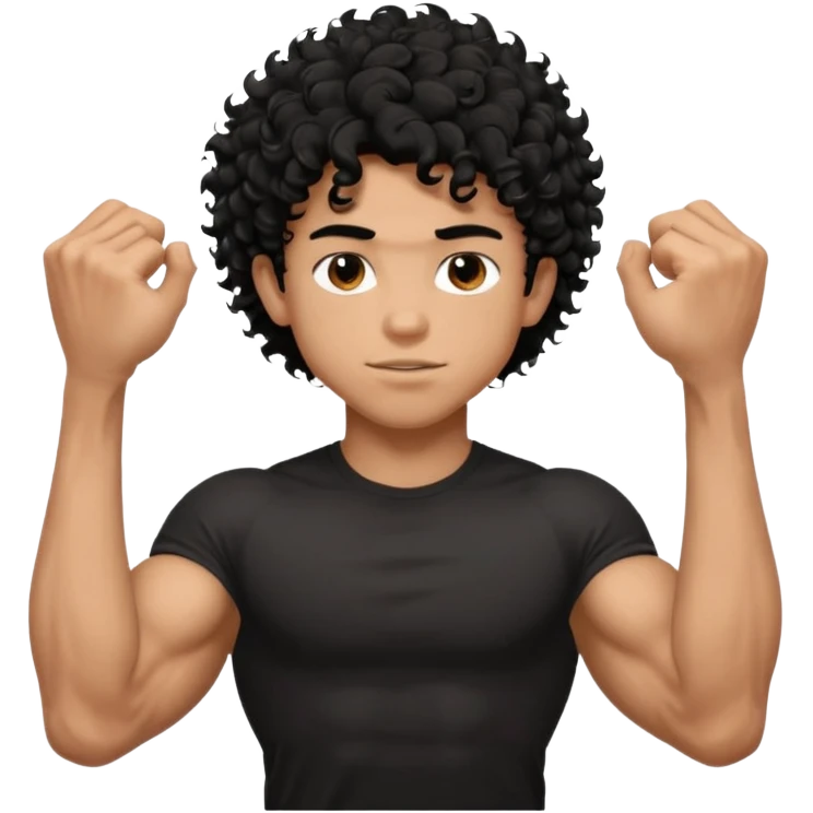 muscular teen boy with veiny hands arms and biceps. has messy black curly hair with dark-tan skintone with black tshirt emoji
