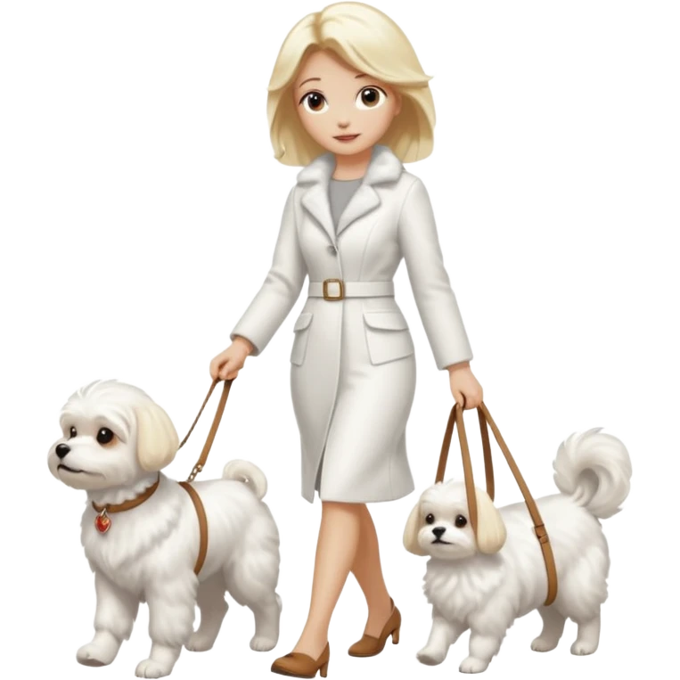 blonde woman wearing white, walking a maltese dog. emoji