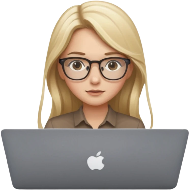 Girl in glasses, blonde long hair, with MacBook , brown blouse, typing on gray MacBook emoji