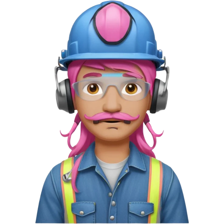 construction worker with long pink hair and protective headphones and mustache emoji