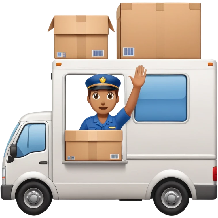 delivery truck with a supplier waving from the window, back of the truck completely filled with packages emoji