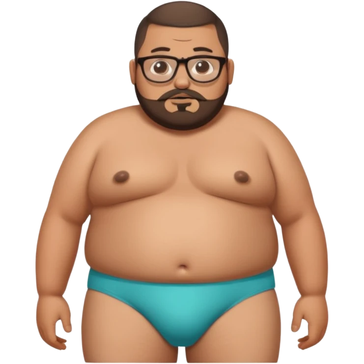 A morbidly obese, fat standing shirtless mexican guy in his underwear with a buzzcut, a beard, and glasses emoji
