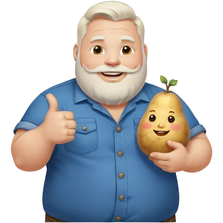 fat guy with white side part and white beard and key tattoo on his arm smiling with blue button up shirt holding a potato with thumbs up emoji