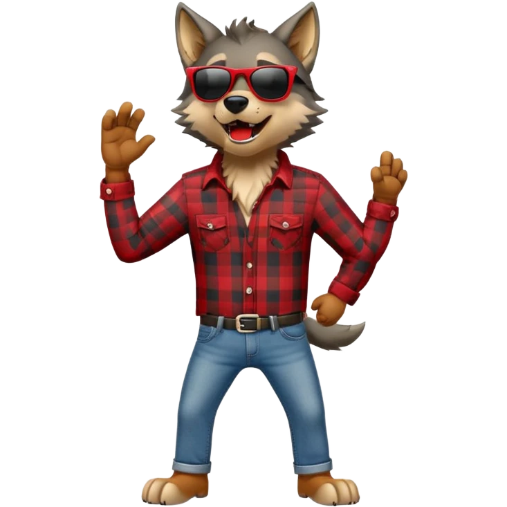 friendly anthropomorphised wolf in jeans and plaid shirt, wearing dark sunglasses, howling, upright pose emoji