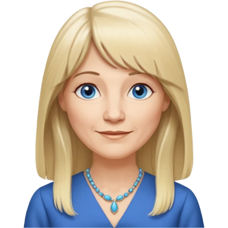 50 yr old white woman, hippie parted very long hair, short bangs, very long straight blond hair, oval face, small smile, blue eyes, thin face, hair downback, hair parted at center of head, round cheeks, pale, longer hair, business dress emoji
