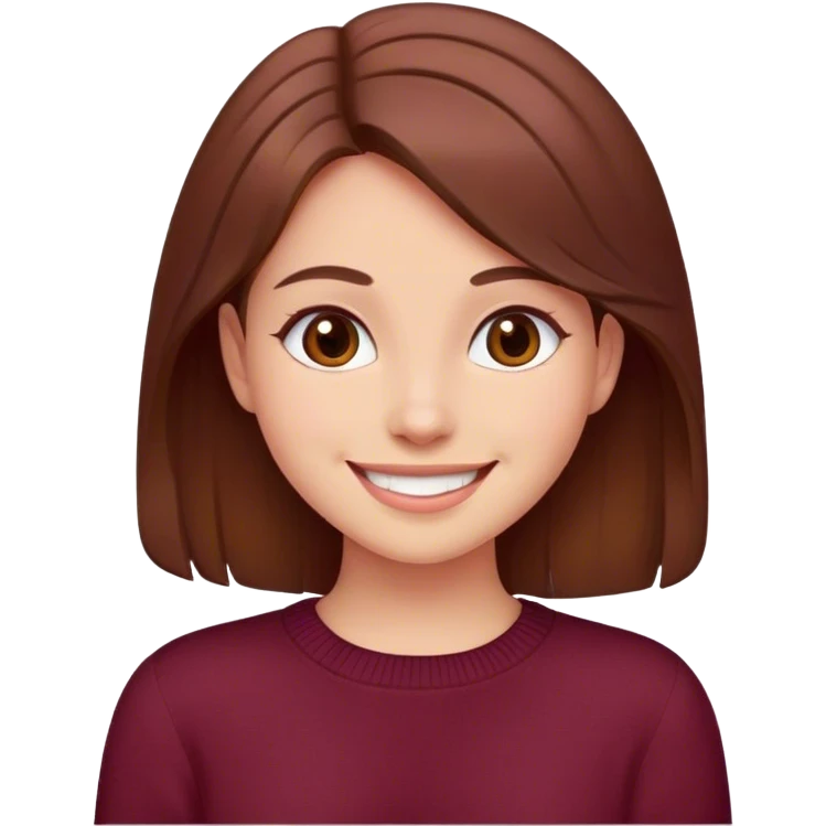 A girl with brown hair smiles, wearing a burgundy sweater emoji