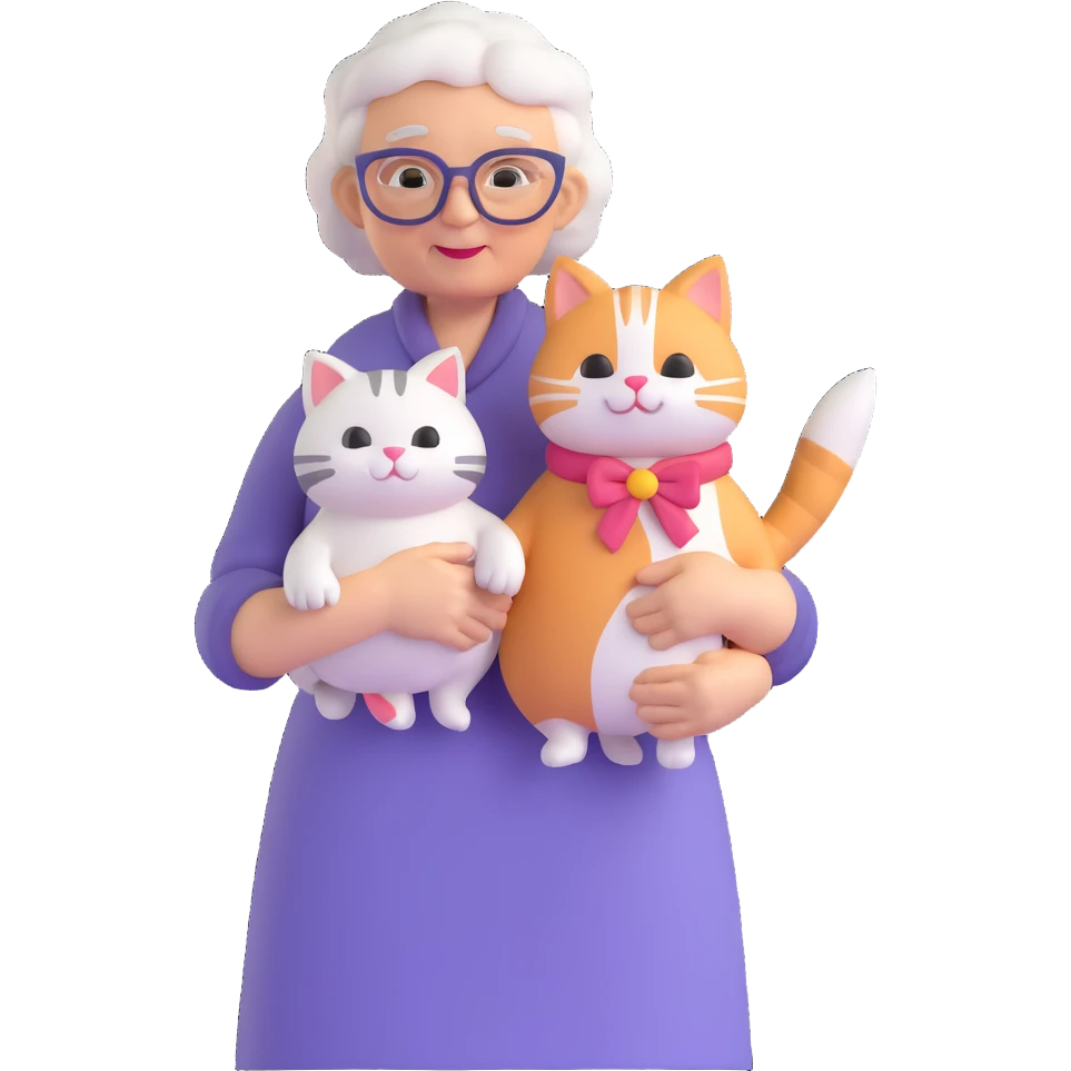 old lady in a dress holding a fluffy cat emoji