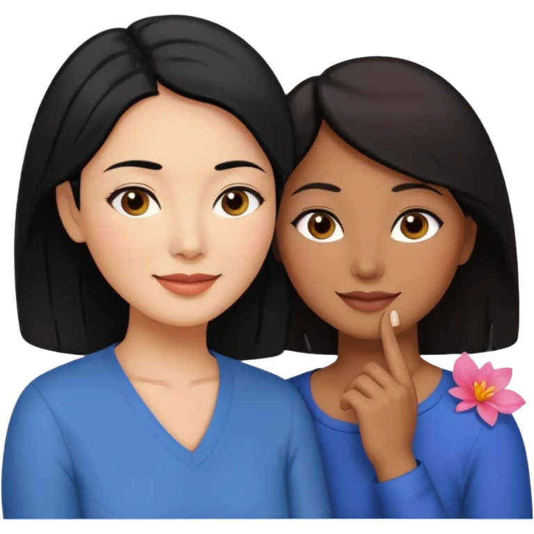 Middle aged brown woman with black hair, beside a middle aged asian woman with dark brown hair touching their cheek emoji