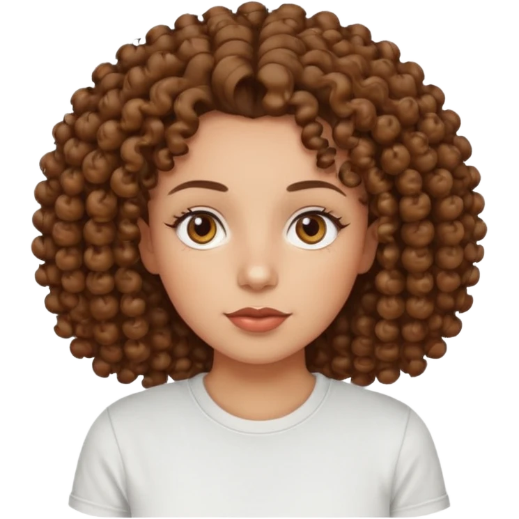 
professional, curly brown lady with hazel eyes, a little dot on the top of the left lip, a normal t shirst emoji