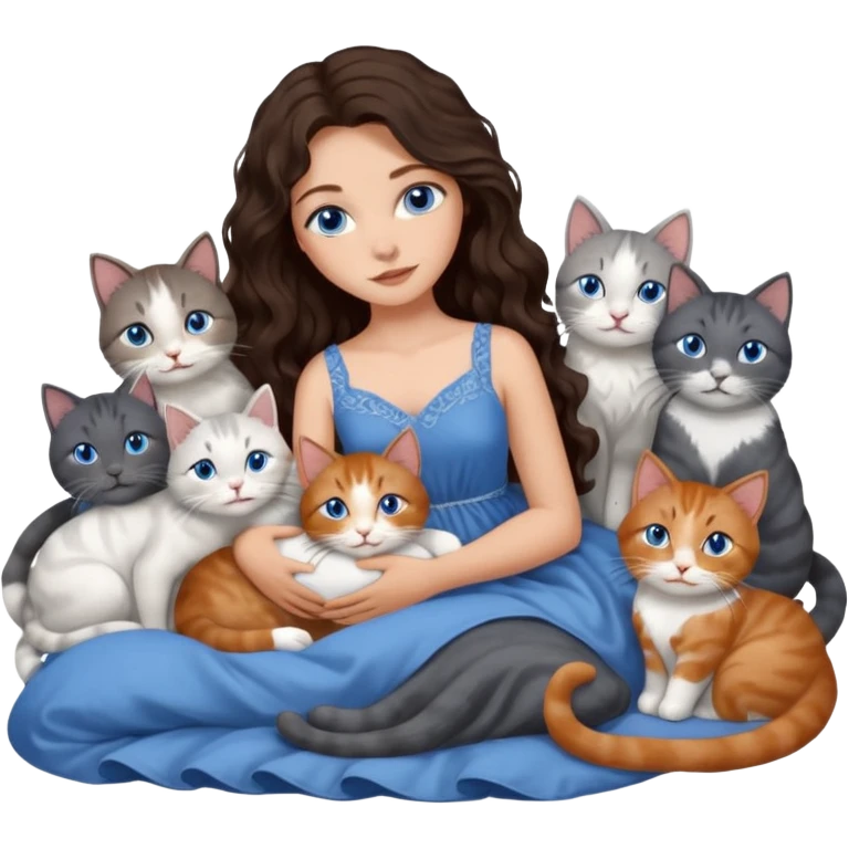 detailed realistic looking a dark grey and white cat regally laying with six other cats, cuddling with their owner in bed who is a pretty bratz lightly tanned white girl with long dark brown hair, blue eyes and gorgeous long wavy hair wearing a pretty detailed dress emoji
