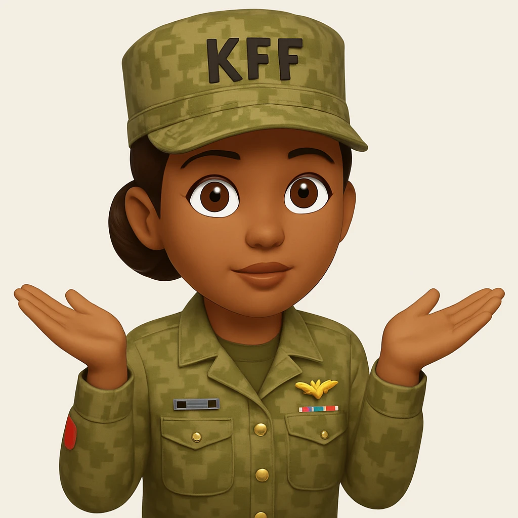 Make the girl's hairstyle a bun and add an army KFF (military cap) while keeping her brown skin, brown hair, and army attire. Keep the shrugging pose and emoji style. emoji